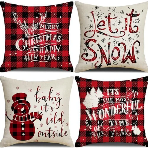 Unyqoos® Set van 4 decoratieve kerstkussenslopen met sneeuwpop en ruitpatroon