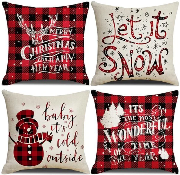 Unyqoos® Set van 4 decoratieve kerstkussenslopen met sneeuwpop en ruitpatroon