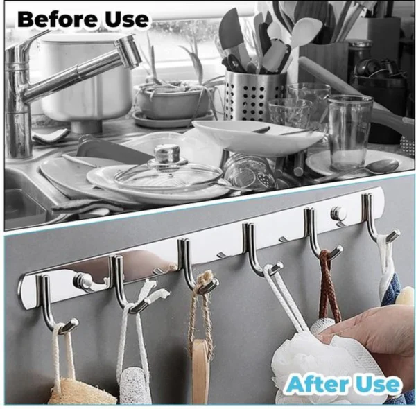 Unyqoos® Roestvrijstalen ophanglijst met zes haken voor keuken en badkamer