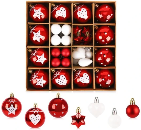 Unyqoos® Complete set van 36 rode en witte kerstballen voor veelzijdige decoratie