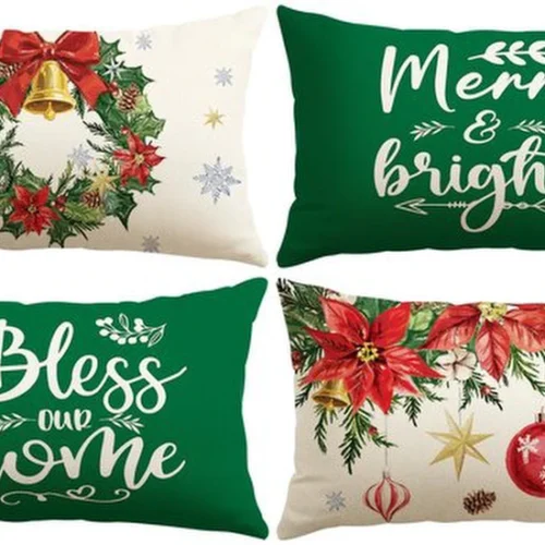 P-87213234600820-20260406112027.webp Unyqoos® Set van vier feestelijke kussenslopen met kerstkrans en klok ontwerp