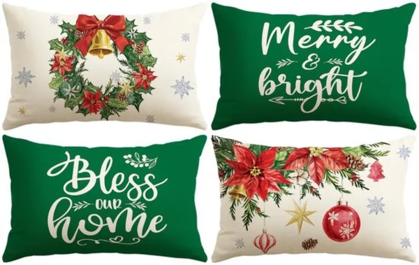 Unyqoos® Set van vier feestelijke kussenslopen met kerstkrans en klok ontwerp
