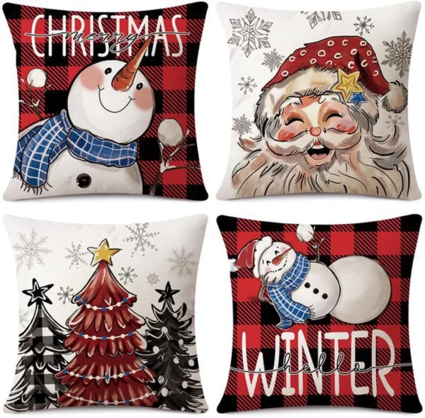 Unyqoos® Set van vier kerstkussenhoezen met feestelijke prints voor huisdecoratie