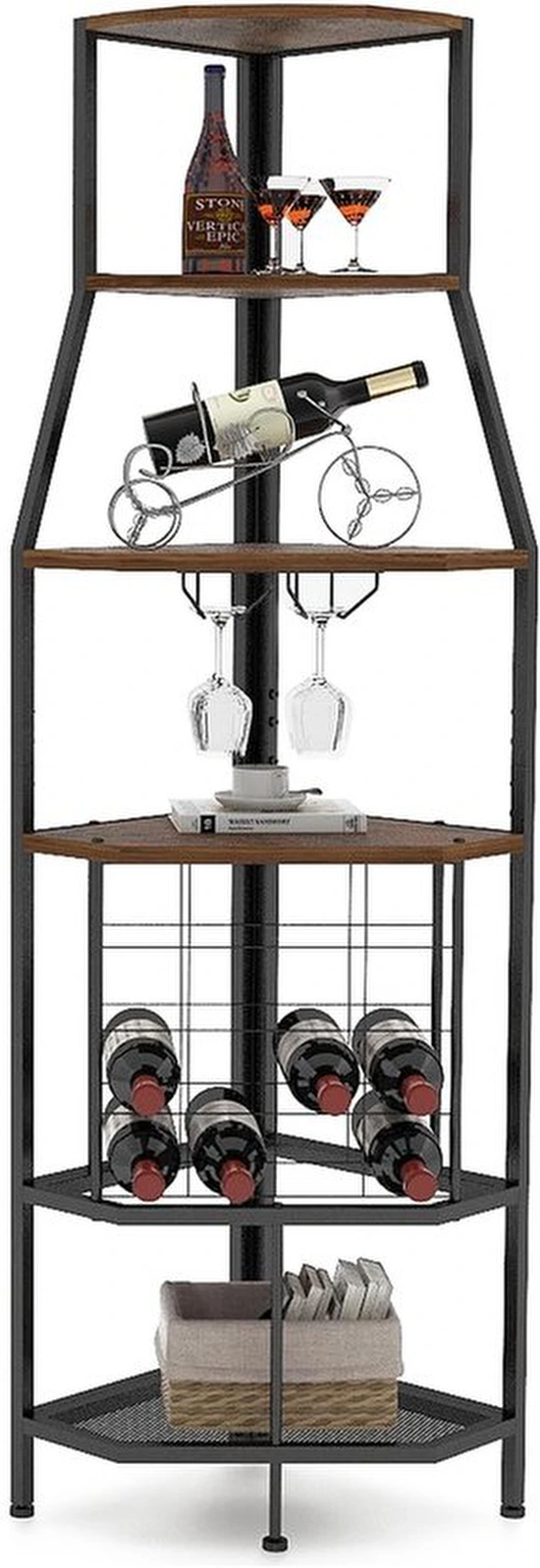 P-87213234642713-20260406110218.webp Unyqoos® Industriële hoek wijnkast met vijf niveaus en geïntegreerde glashouders