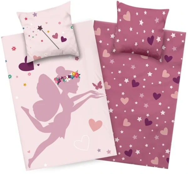 P-87213234676610-20260405104026.webp Unyqoos® Roze katoenen kinderdekbedovertrek met elfjes en harten voor meisjes