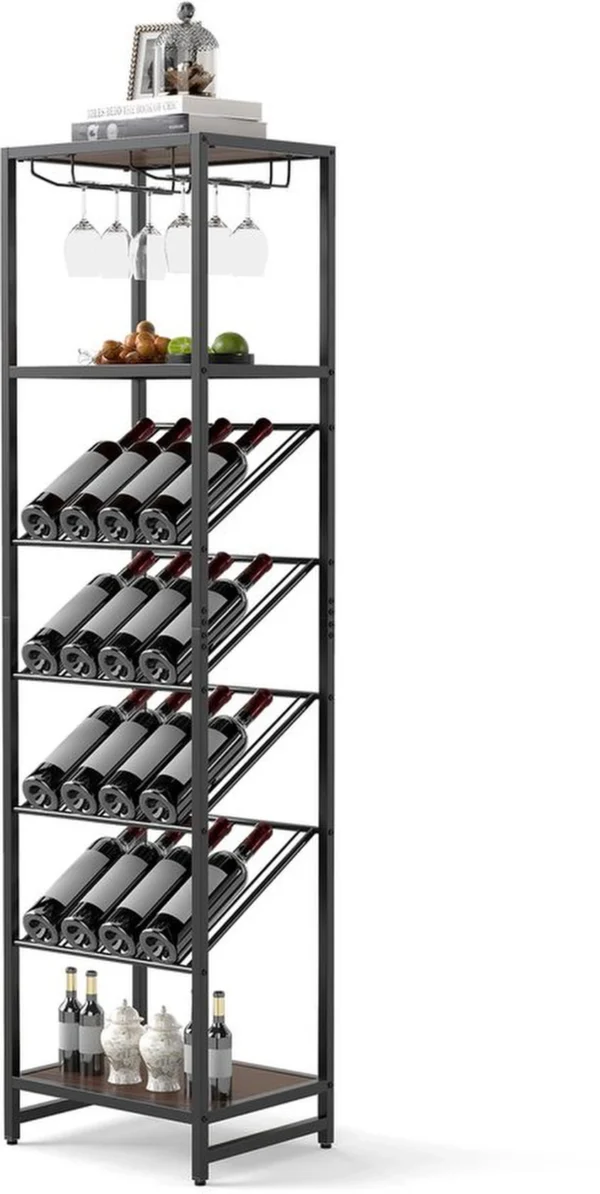 Unyqoos® Vrijstaand metalen wijnrek voor 16 flessen met glazenhouders en schappen