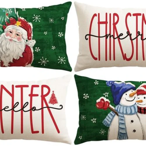 P-87213234767000-20260406111413.webp Unyqoos® Set van vier feestelijke kussenslopen met kerstman en sneeuwpop ontwerp