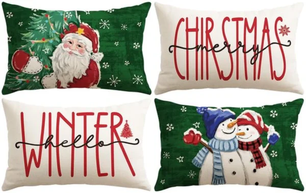 Unyqoos® Set van vier feestelijke kussenslopen met kerstman en sneeuwpop ontwerp