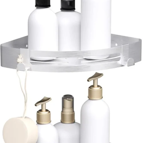 P-87213234818890-20260405174047.webp Unyqoos® Zilver Douchehoekrek met Haken en Wandmontage Mogelijkheden