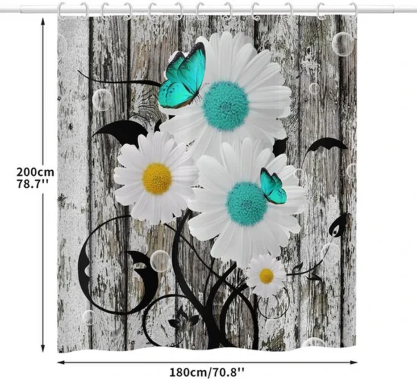 Unyqoos® Vintage Bloemen Douchegordijn met Houtnerf en Turquoise Madeliefmotief voor Badkamercomfort