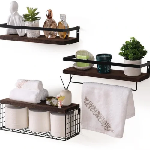 Unyqoos® Set van 3 Stijlvolle Zwevende Wandrekken met Handdoekhouder en Draadmand voor Meerdere Ruimtes