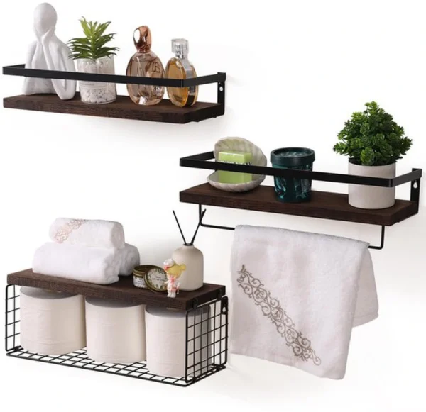 P-87213234870340-20260406081814.webp Unyqoos® Set van 3 Stijlvolle Zwevende Wandrekken met Handdoekhouder en Draadmand voor Meerdere Ruimtes