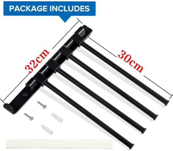 Unyqoos® Zwenkbare Handdoekhouder Zonder Boren - 4 Armen, RVS, Zelfklevend, Mat Zwart, Ruimtebesparend voor Badkamer en Keuken