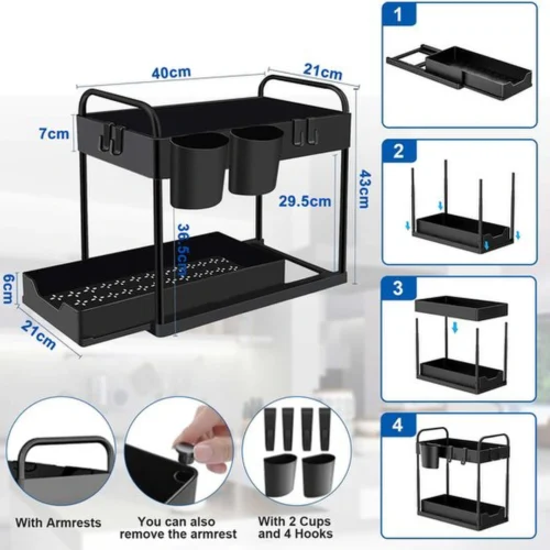 Unyqoos® Multifunctionele Keuken- en Badkamer Organizer met Schuifmand, Haken en Bekers voor Optimale Opbergruimte