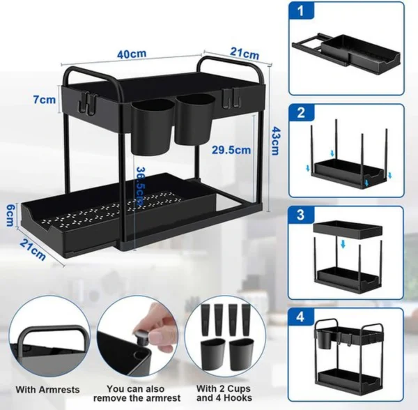 P-87213234945510-20260406094605.webp Unyqoos® Multifunctionele Keuken- en Badkamer Organizer met Schuifmand, Haken en Bekers voor Optimale Opbergruimte