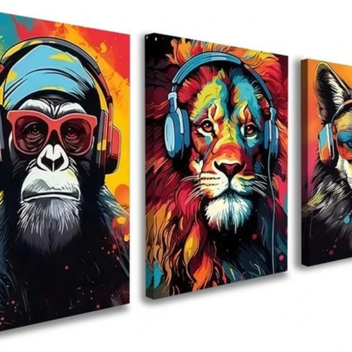P-87213234987710-20260406123123.webp Unyqoos® Stijlvolle 3-delige canvas wanddecoratie set met dieren en hoofdtelefoon 30 x 40 cm