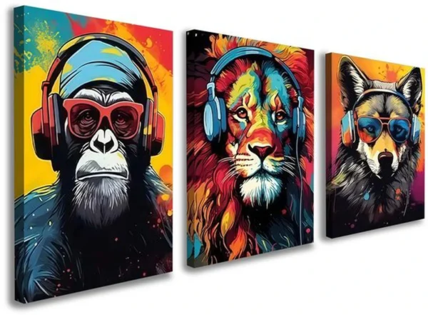 Unyqoos® Stijlvolle 3-delige canvas wanddecoratie set met dieren en hoofdtelefoon 30 x 40 cm
