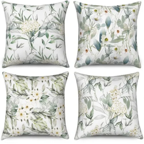 Unyqoos® Set van 4 decoratieve saliegroene kussenhoezen met bloemen en bladeren