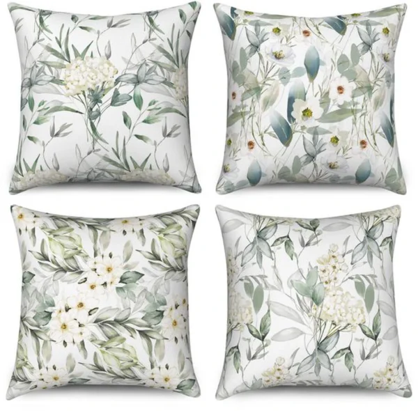 Unyqoos® Set van 4 decoratieve saliegroene kussenhoezen met bloemen en bladeren