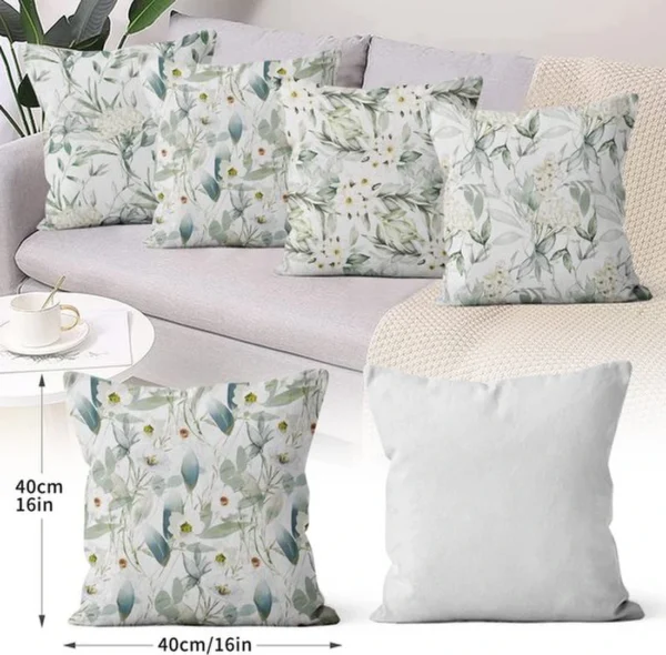 Unyqoos® Set van 4 decoratieve saliegroene kussenhoezen met bloemen en bladeren