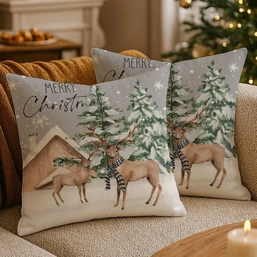P-87213235268010-20260406112245.webp Unyqoos® Feestelijke grijze kussenslopen met eland en sneeuwvlok motief voor kerstdecoratie