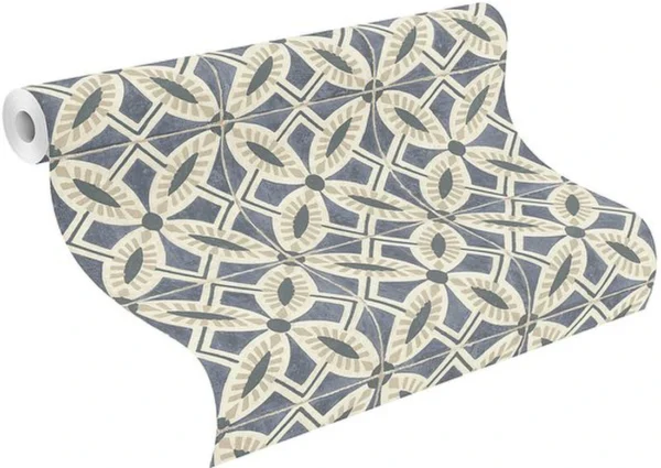 Unyqoos® Gedessineerd vliesbehang met mediterrane tegelpatroon voor interieurdecoratie, blauw