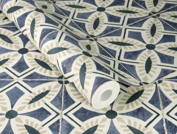 Unyqoos® Gedessineerd vliesbehang met mediterrane tegelpatroon voor interieurdecoratie, blauw