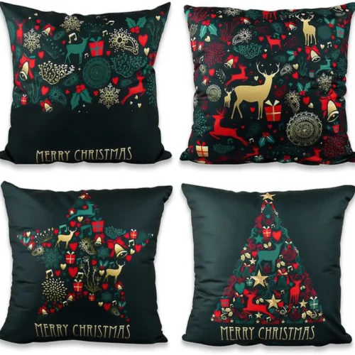 Unyqoos® Set van vier linnen kussenovertrekken met kerstmotieven voor feestelijke sfeer