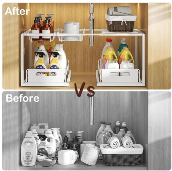 Unyqoos® Uitbreidbare Stalen Onderkast Organisator met Uittrekbare Mand en Verstelbare Niveaus voor Keuken en Badkamer