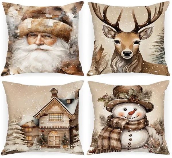 Unyqoos® Set van 4 kerstkussenhoezen met eland, sneeuwpop en kerstman ontwerp