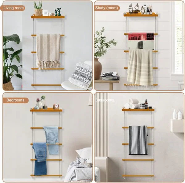 Unyqoos® Multifunctioneel wand- en vrijstaand handdoekenrek met 5 lagen van hout