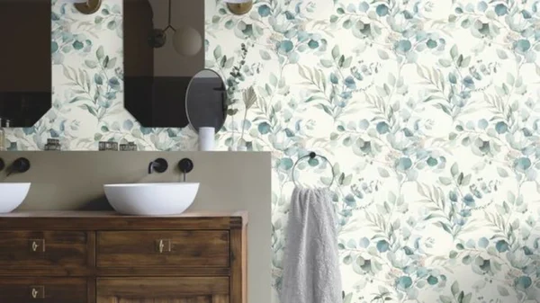 Unyqoos® Waterbestendig vliesbehang met aquarel eucalyptustakken en groene planten, groente-wit