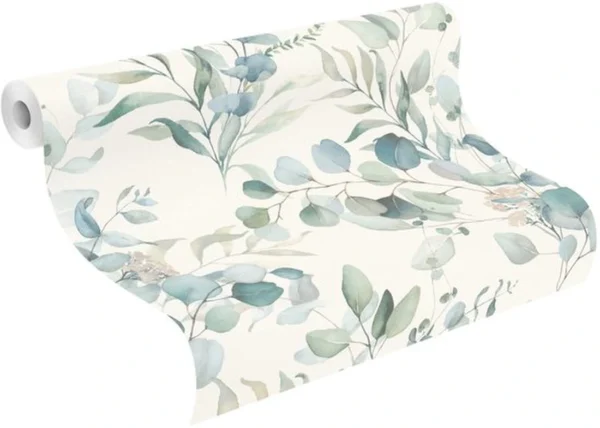 Unyqoos® Waterbestendig vliesbehang met aquarel eucalyptustakken en groene planten, groente-wit