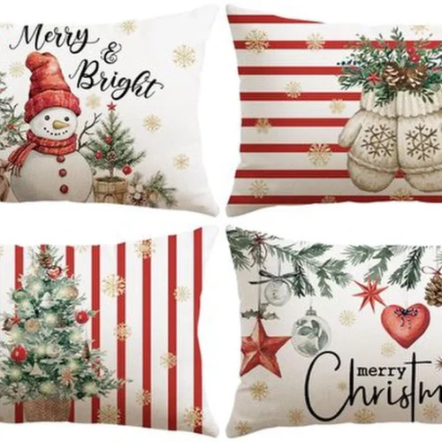 Unyqoos® Set van 4 decoratieve kerstkussenhoezen met sneeuwpopdesign in rood