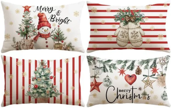 Unyqoos® Set van 4 decoratieve kerstkussenhoezen met sneeuwpopdesign in rood