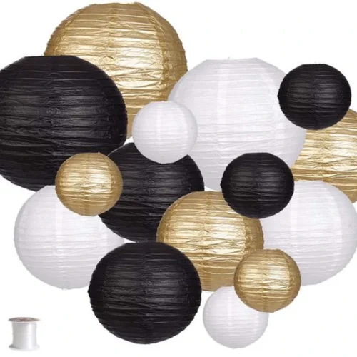 P-87213235777590-20260406092658.webp Unyqoos® Set van 15 decoratieve papieren lantaarns in zwart, goud en wit voor feesten