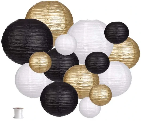P-87213235777590-20260406092658.webp Unyqoos® Set van 15 decoratieve papieren lantaarns in zwart, goud en wit voor feesten