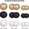 P-87213235777592-20260406092707.webp Unyqoos® Set van 15 decoratieve papieren lantaarns in zwart, goud en wit voor feesten