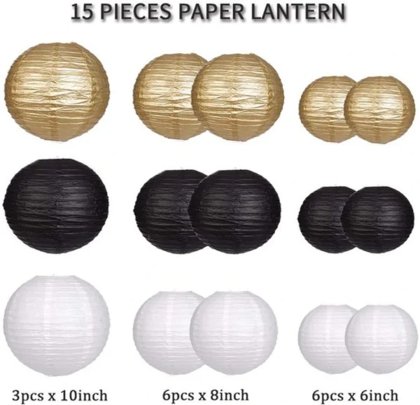 P-87213235777592-20260406092707.webp Unyqoos® Set van 15 decoratieve papieren lantaarns in zwart, goud en wit voor feesten