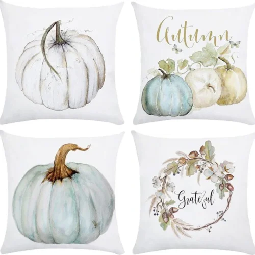 Unyqoos® Set van vier linnen kussenslopen met herfstmotieven en pompoenpatroon