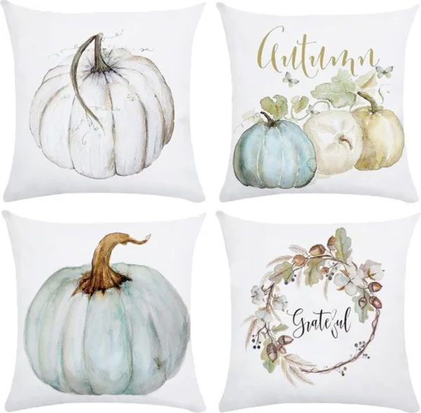 Unyqoos® Set van vier linnen kussenslopen met herfstmotieven en pompoenpatroon