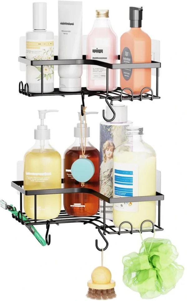 Unyqoos® Set van twee roestvrije doucheorganizers met zelfklevende montage en haken