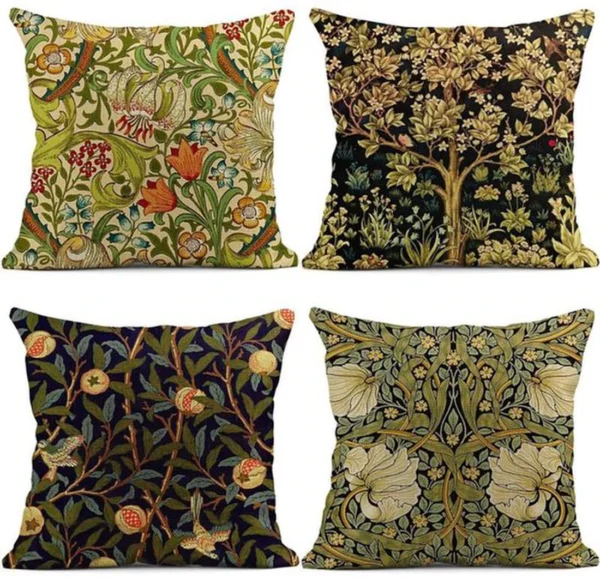 Unyqoos® Set van 4 linnen kussenslopen met bloemen en vogels in boho vintage stijl