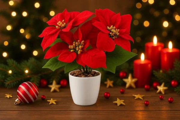 Unyqoos® Set van drie kunstkerststerren in elegante keramische pot voor feestelijke decoratie