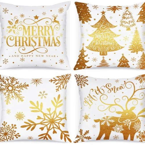 Unyqoos® Set van 4 decoratieve kussenhoezen met sneeuwvlokken in wit en goud
