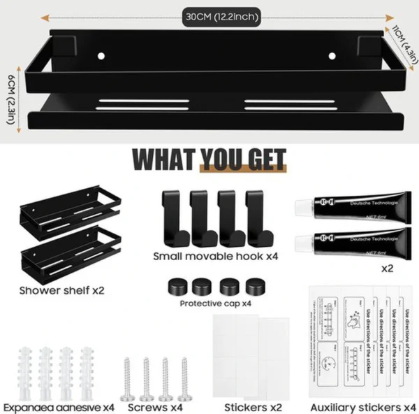 P-87213236038476-20260405173855.webp Unyqoos® Twee Stuks Zwarte Roestvrij Stalen Doucheplanken voor Badkamerorganisatie