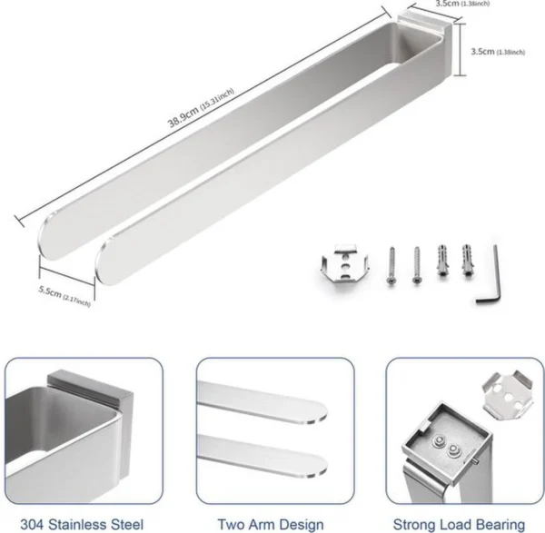 Unyqoos® Dubbele Roestvrijstalen Handdoekhouder voor Badkamer en Keuken, 39 cm, Zilver