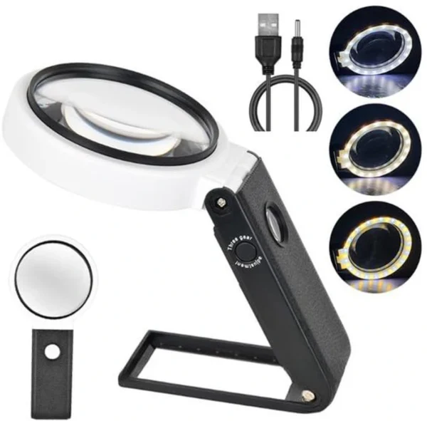 Unyqoos® Opvouwbaar vergrootglas met LED-verlichting en standaard voor nauwkeurige inspectie
