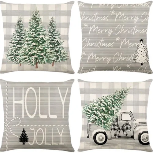 P-87213236109750-20260406113102.webp Unyqoos® Set van 4 linnenlook kerstkussenslopen met kerstboompatroon voor feestelijke sfeer
