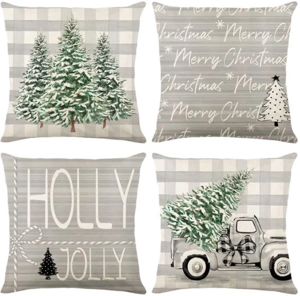 Unyqoos® Set van 4 linnenlook kerstkussenslopen met kerstboompatroon voor feestelijke sfeer